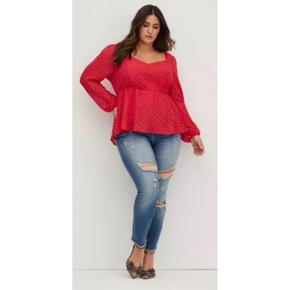 Torrid Magenta Red Heart Clip Dot Chiffon Puff Sleeve Peplum Blouse NWT Size 0 L